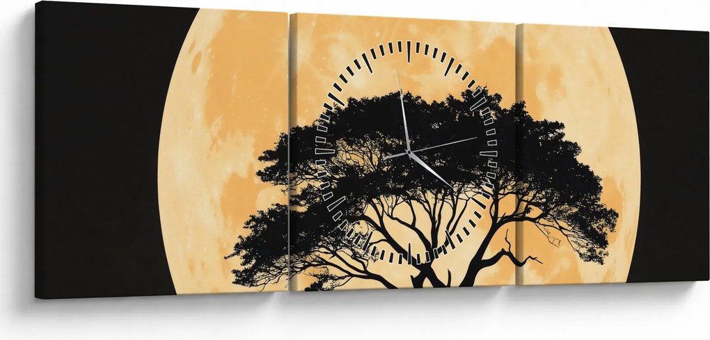 Obraz – Drzewo w złotej pełni księżyca II. (z zegarem) (90x30 cm)