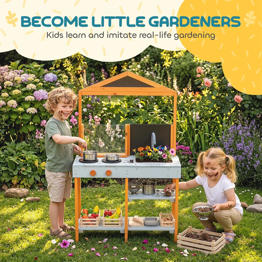 AIYAPLAY Kuchnia do zabawy w błocie dla dzieci, ogrodowa drewniana kuchnia z płytą grzewczą, wyjmowanym zlewem i półkami, dla dzieci 3–8 lat, jasnoniebieska | Aosom PL