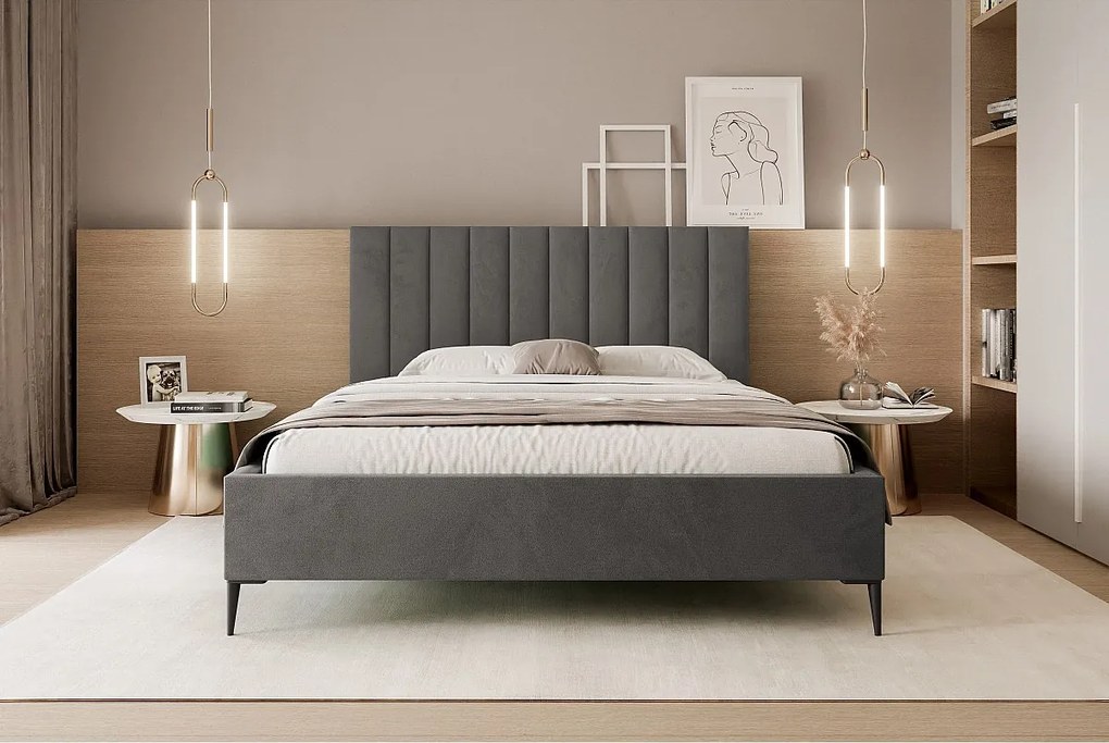 Mona SLIM III w tkaninie VELUTTO, Wygodne łóżko tapicerowane - Ergonomiczne podparcie pleców 200x200 cm, ciemnoszary
