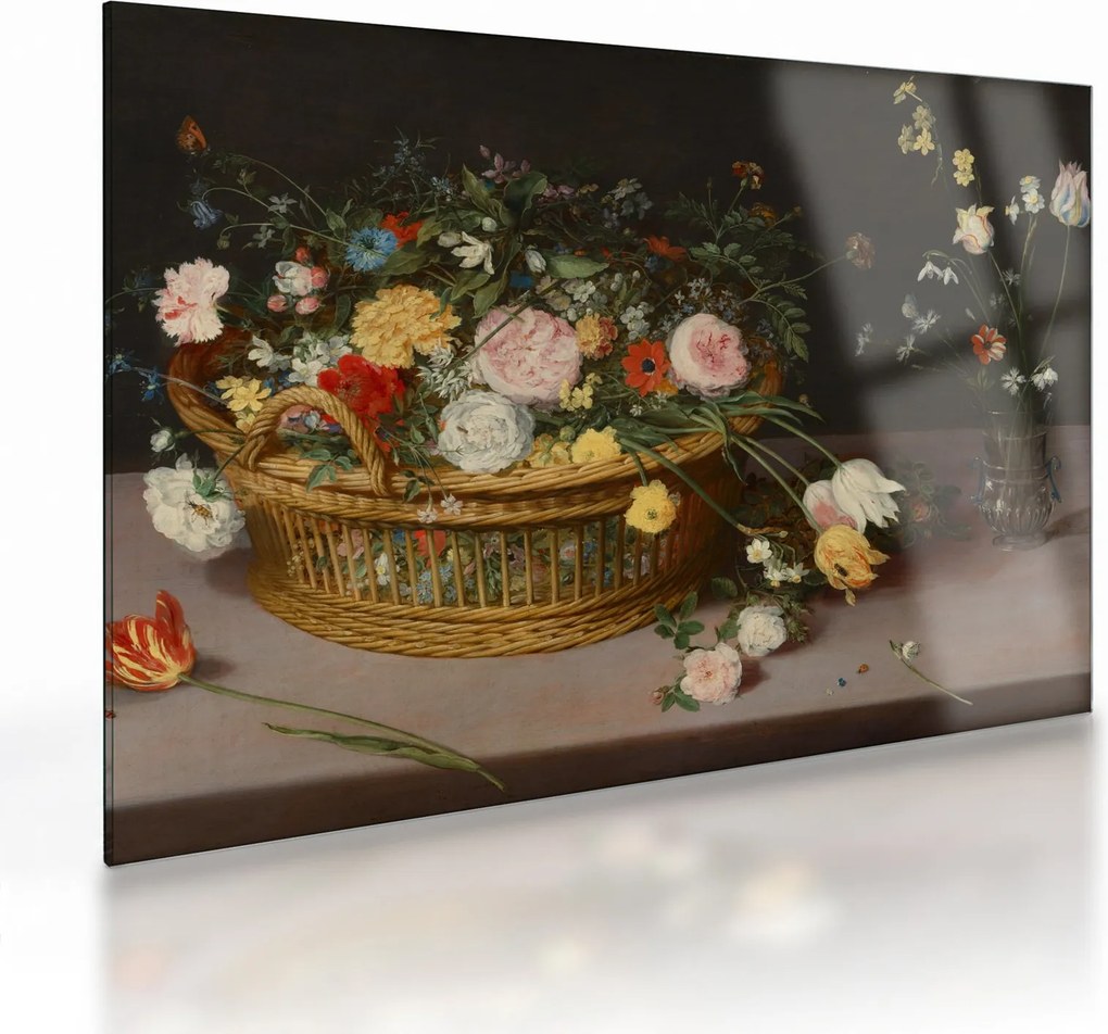 Obraz na szkle - Jan Brueghel the Elder, Flowers in a Basket and a Vase, reprodukcje (70x50 cm)