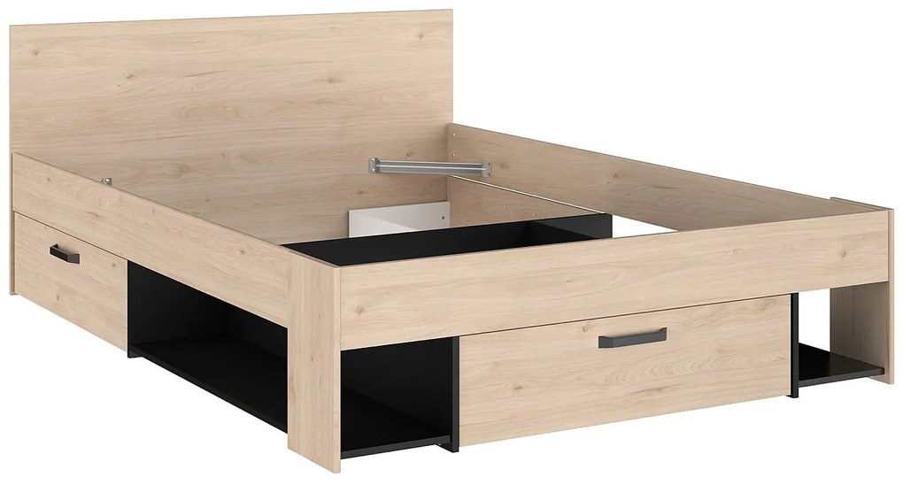 Łóżko 140 x 190/200 cm  ze skrzynią i - Naturalny i czarny + Stelaż - KINSELIA