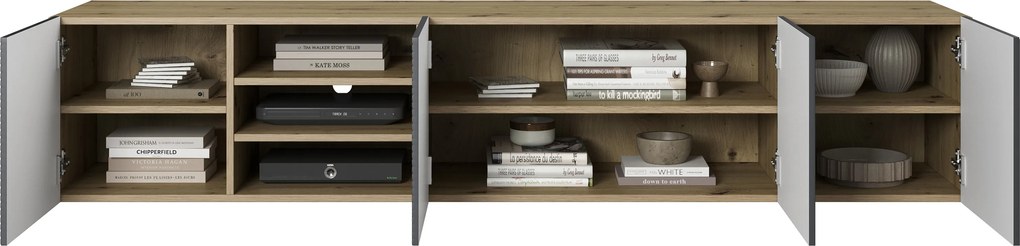 Szafka RTV Asha 200 cm wisząca z ryflowanym frontem i wnęką - artisan / rivier stone mat