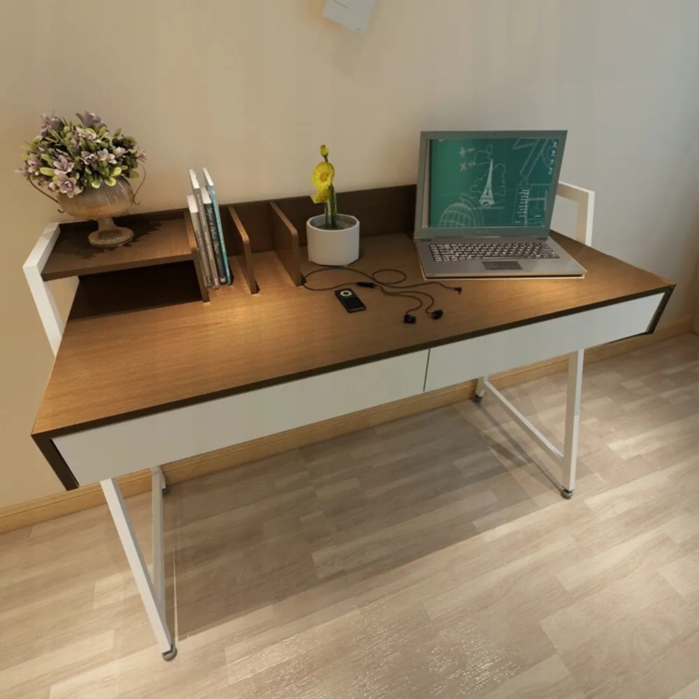 Biurko w stylu loft z szufladami – 100x40x75 cm w kolorze białym i ciemnego dębu.