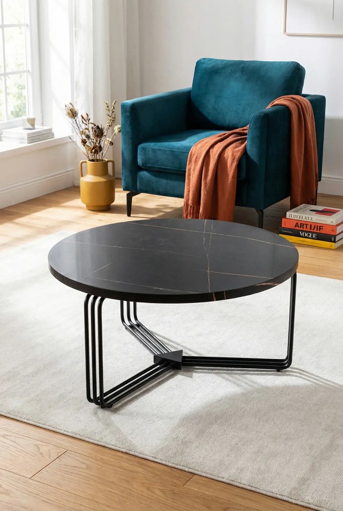 Czarna okrągła ława z marmurkowym wzorem K8-Z18