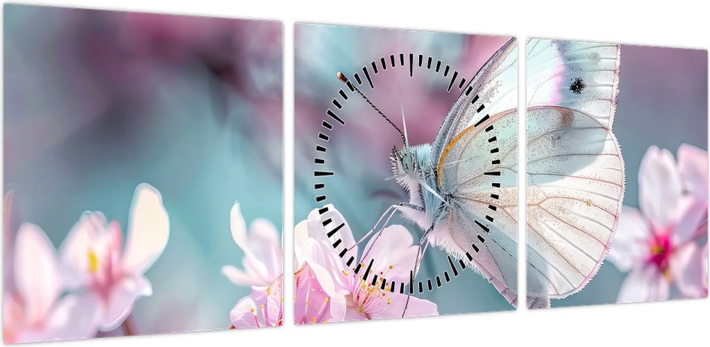 Obraz - Motyl na drzewie wiśni (z zegarem) (90x30 cm)