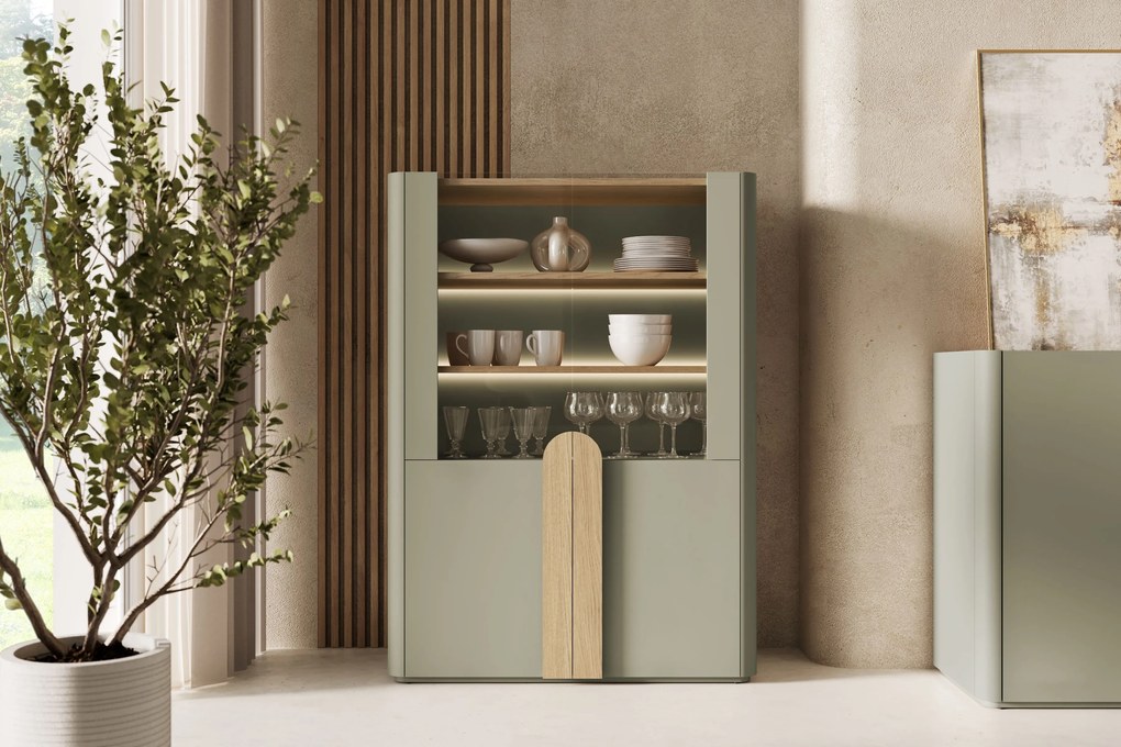 Witryna Amilio do salonu 100 cm - eukaliptus / dąb baltic dune / uchwyty dąb naturalny