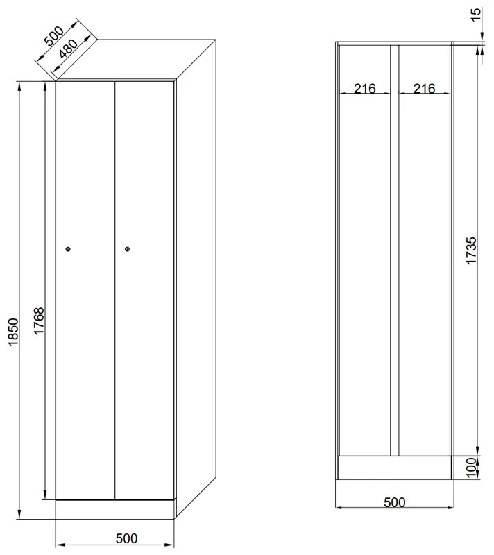 Szafka ubraniowa wąska, 2-drzwiowa, 1850 x 500 x 500 mm, zamek kodowy, drzwi laminowane, biała