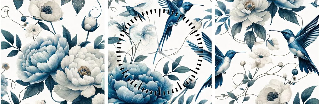 Obraz - Kolibry z kwiatami (z zegarem) (90x30 cm)