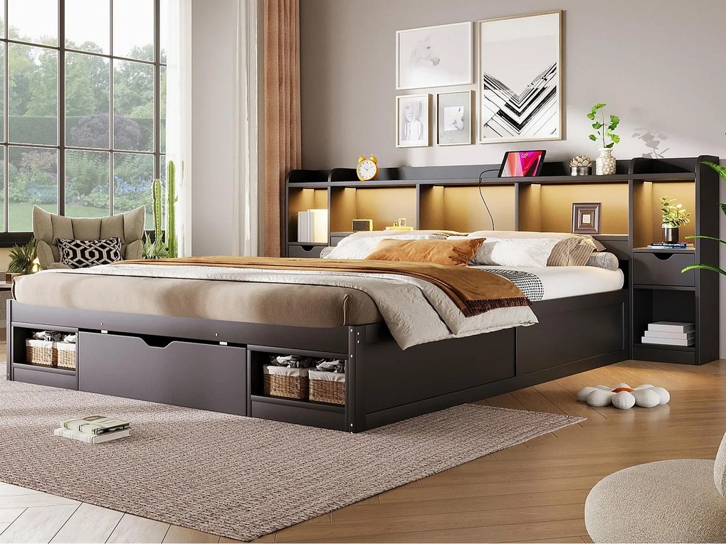 Łóżko podwójne 180x200 cm - Zagłówek z pojemnikiem - 3 szuflady i schowki - LED i port USB - Czarny (bez materaca)