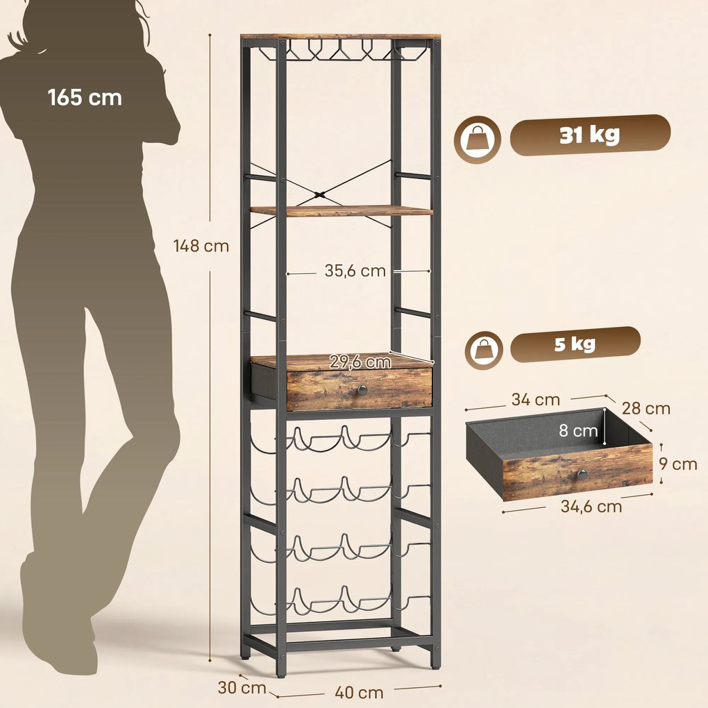 HOMCOM Szafka barowa z szufladą, przemysłowy barek, regał na 12 butelek, uchwyt na kieliszki, rustykalny brąz | Aosom PL