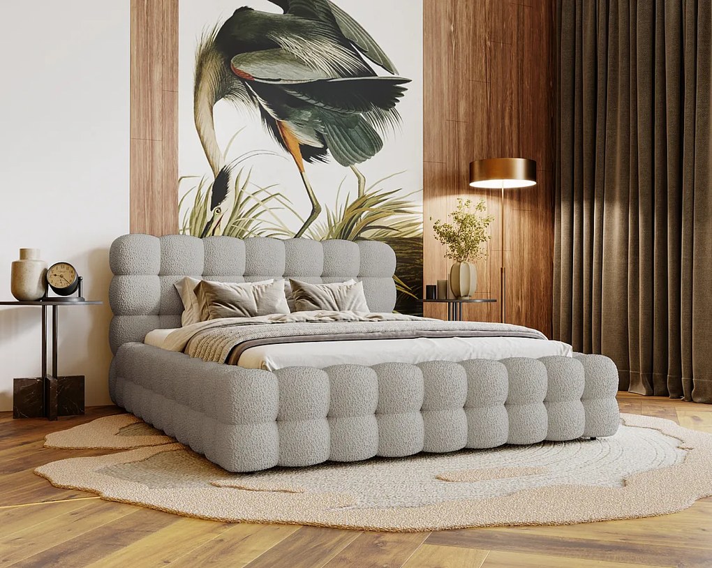 Emporius Parlas Bis łóżko 160x200 z pojemnikiem, łóżko tapicerowane do sypialni - gruba pianka, stelaż, tkanina boucle, jasny szary (Anthology 15)