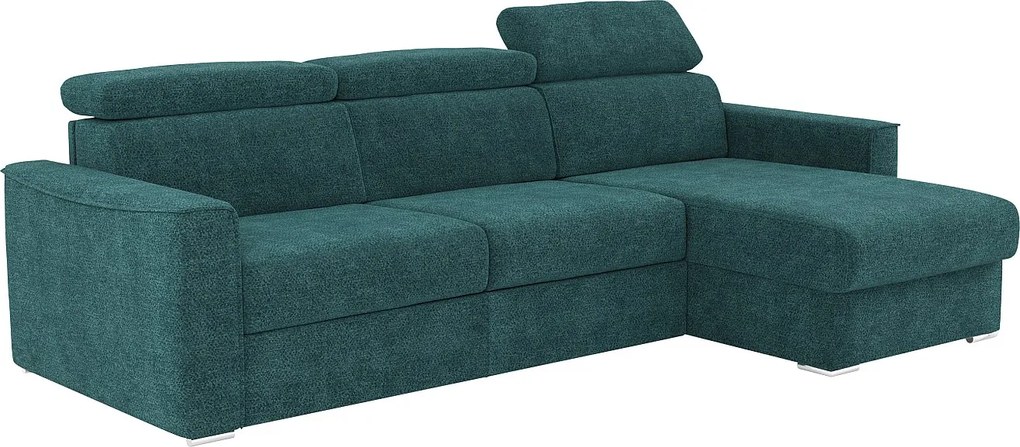 Kanapa narożna dwustronna rozkładana typu express z niebieskiej tkaniny szenilowej - Spanie na szerokich listwach 160 cm - Materac 22 cm z pamięcią kształtu VIZIR