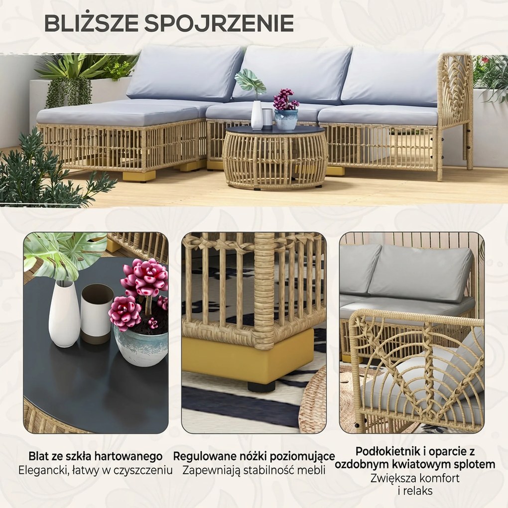 Outsunny Zestaw Mebli ogrodowych, 5-częściowy, z poduszkami do siedzenia, Syntetyczny rattan, rama ze stali nierdzewnej, Szary