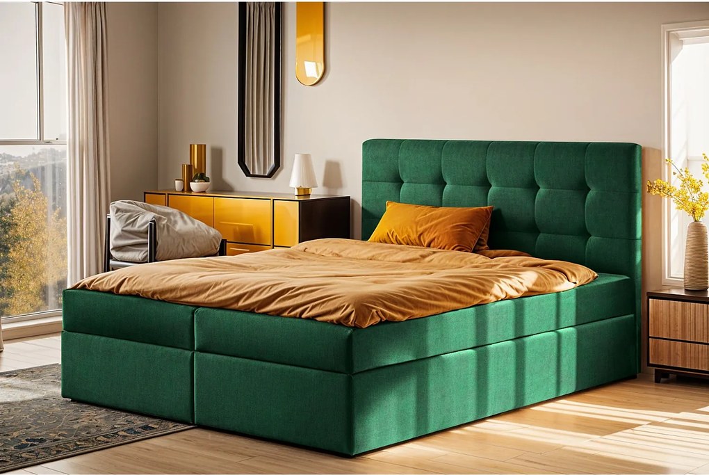 Łóżko kontynentalne z materacem i pojemnikiem LUDANO, tkanina Noel, Zielony, 200x200 cm, H2-Pocket