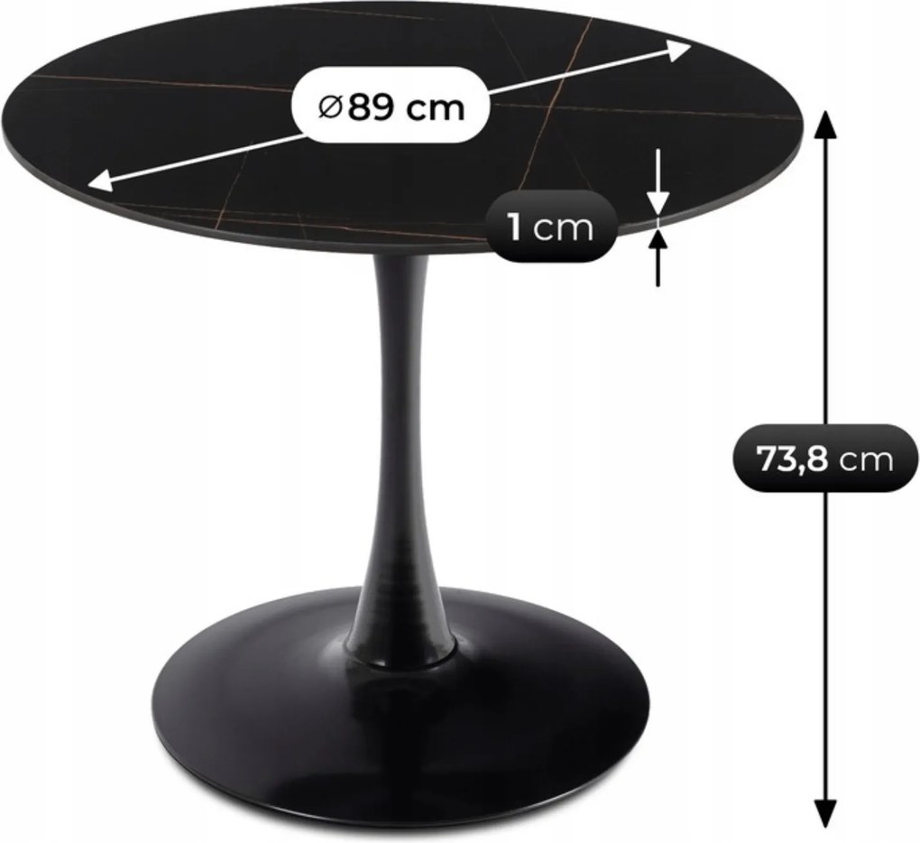 Stół Okrągły SANDER 89 cm Ceramiczny Czarny do Salonu Nowoczesny Glamour