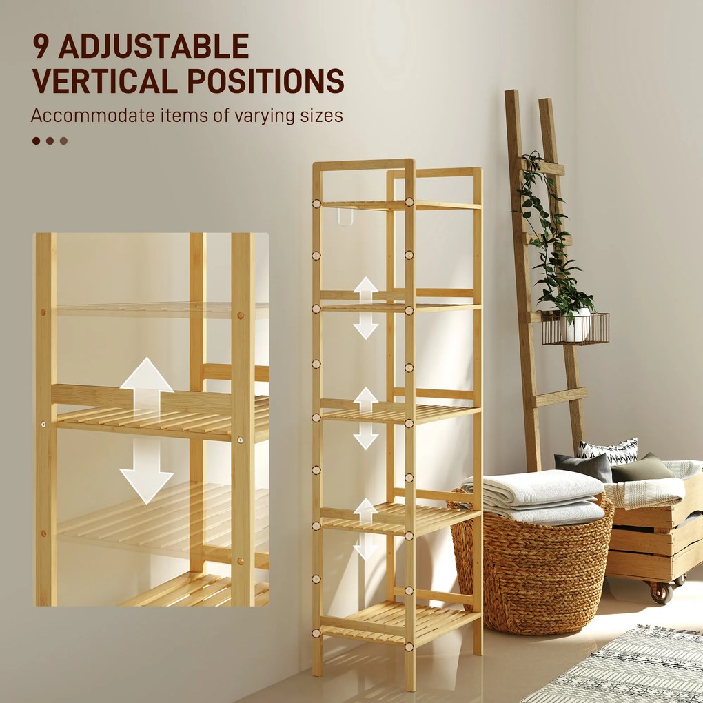 Półka łazienkowa HOMCOM z bambusa, z 5 regulowanymi półkami, 43,5 x 31,5 x 142 cm, drewno naturalne