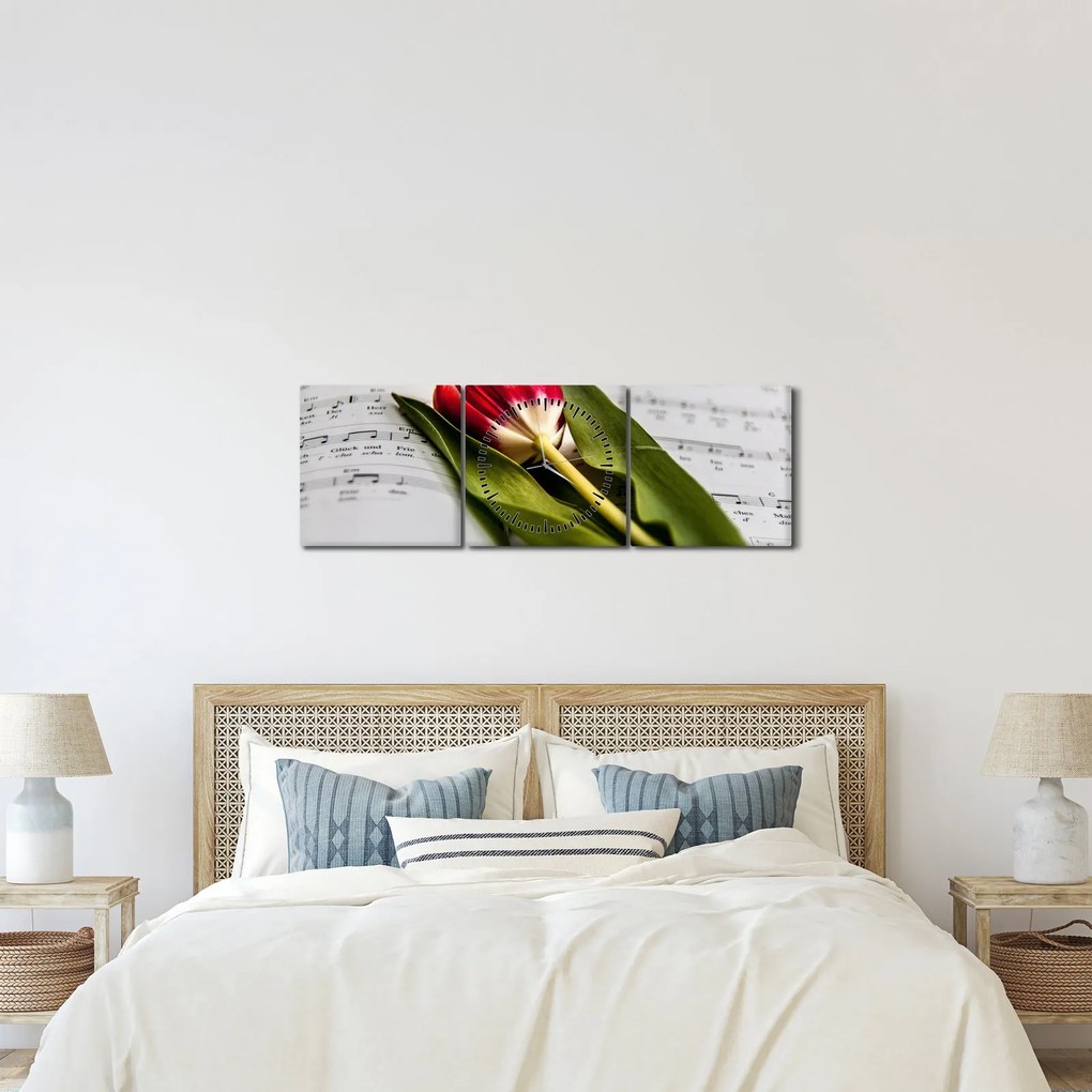 Obraz czerwonego tulipana (z zegarem) (90x30 cm)