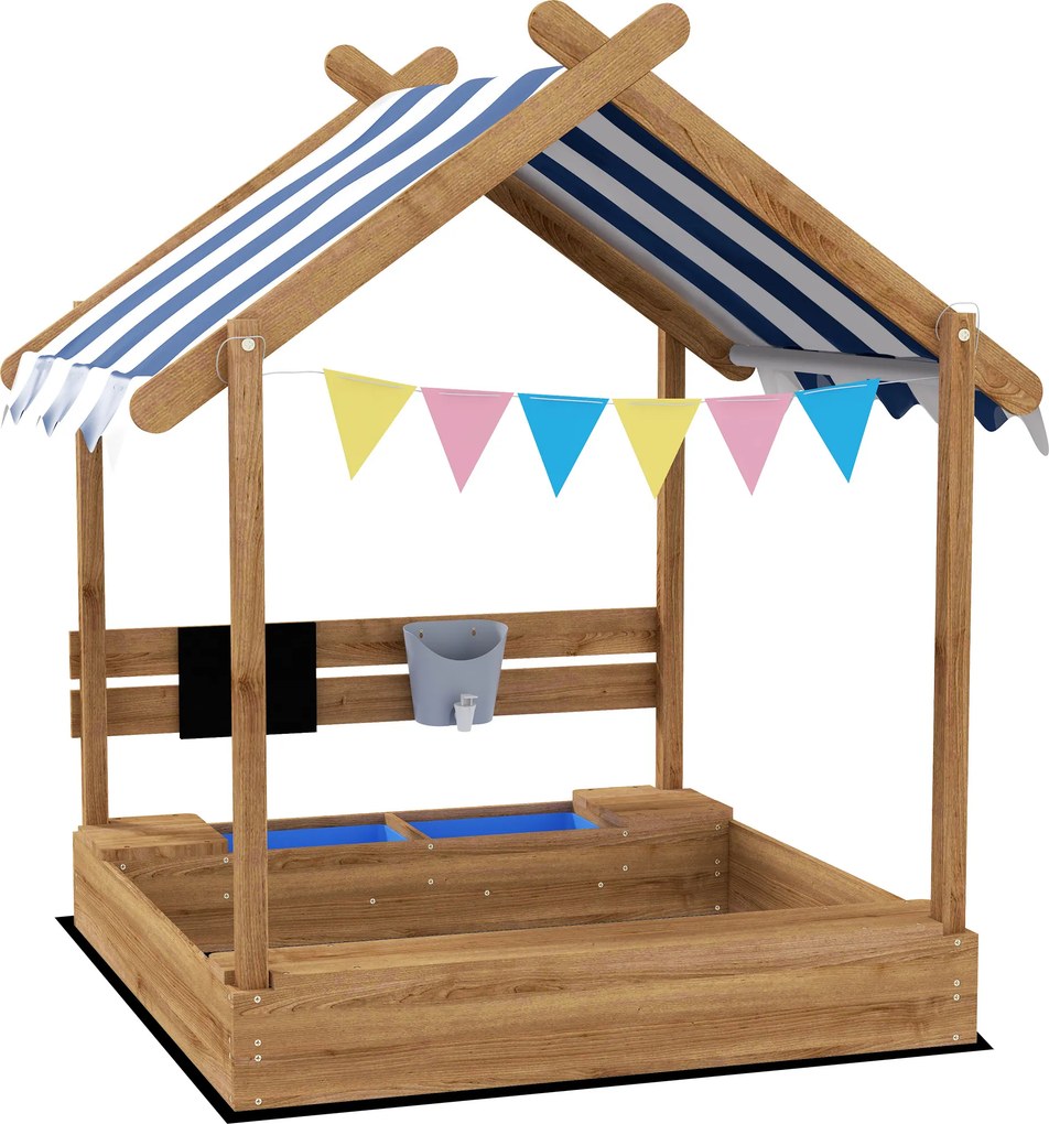 Outsunny drewniana piaskownica z daszkiem domek dla dzieci piaskownica z zabawkami do ogrodu 124x116x146cm brązowy | Aosom PL
