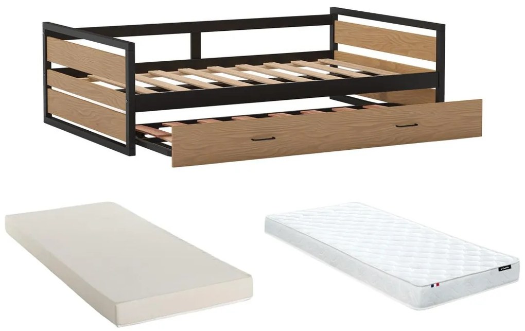 Wysuwane łóżko BOSTON w industrialnym stylu – 2 × 90 × 190 cm – MDF, drewno sosnowe i metal, z materacem