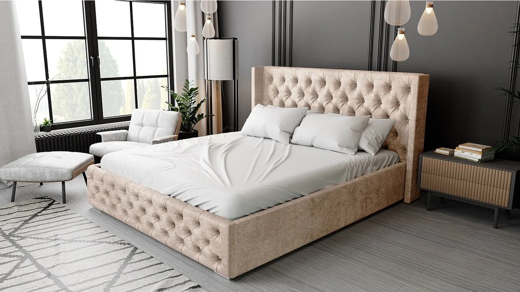 Emporius Rolia łóżko chesterfield 140x200 - pojemnik i stelaż, wysoka jakość - łóżko dwuosobowe 140x200 w stylu glamour - aksamit, beżowy (Paros 2)