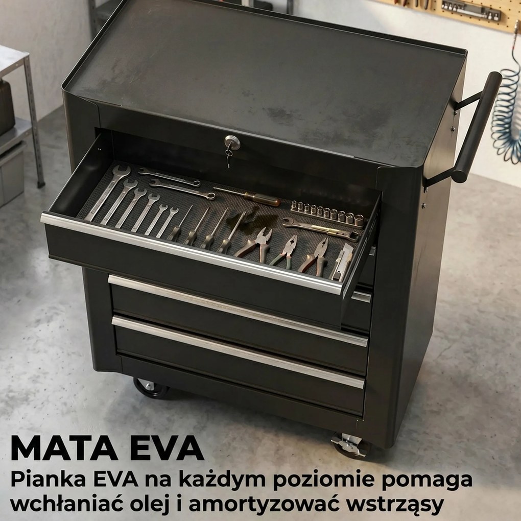 Skrzynka Narzędziowa HOMCOM, Szafka na Narzędzia, na Kołach, 5 Szuflad, Stal, Czarny