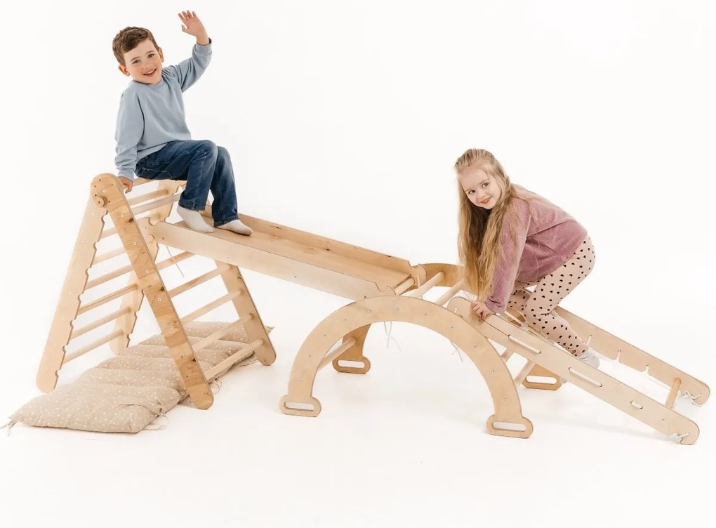 5 w1 Zestaw Wspinaczkowy Montessori dla Dzieci : Drabinka Pikler + Bujak + Zjeżdżalnia + Siatka + Poduszka