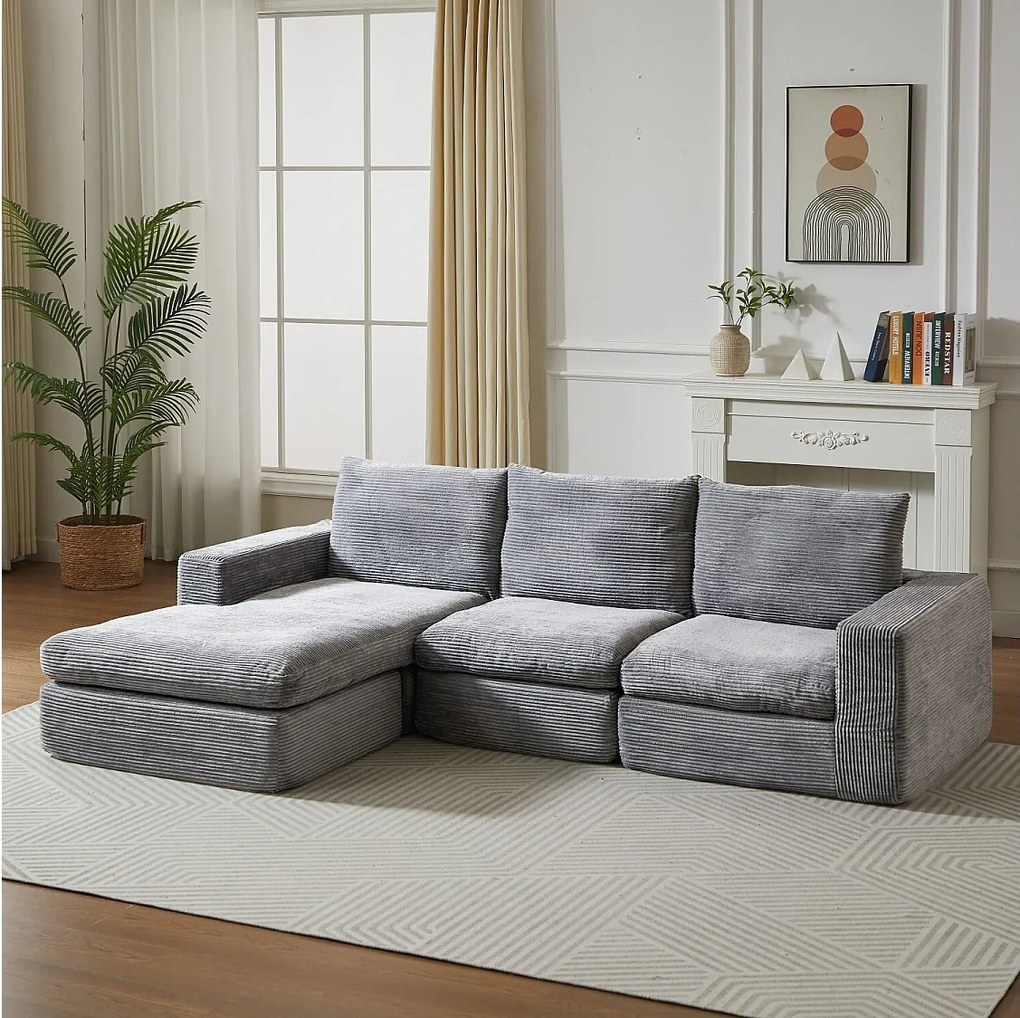 Sofa 3-osobowa, narożnik z wyściełanym oparciem i podłokietnikami – jasnoszary sztruks