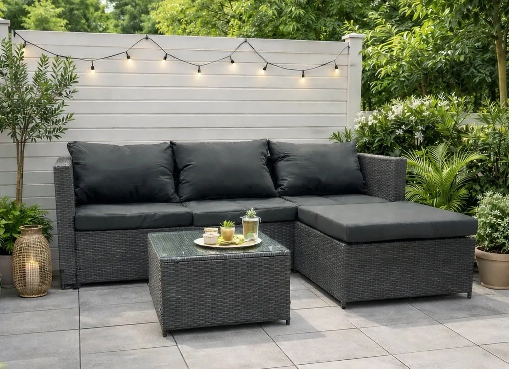 Dwustronny narożnik ogrodowy ze stolikiem Maroco 066 szary, poduszki szare