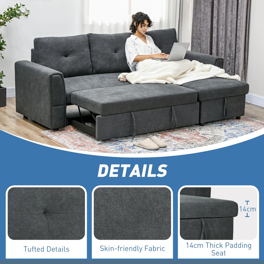 HOMCOM Sofa trzyosobowa z funkcją spania, sofa z chaiselongiem, tapicerowana sofa, ciemnoszara