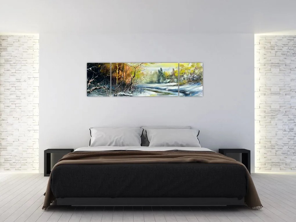 Obraz zimowej rzeki, obraz olejny (170x50 cm)