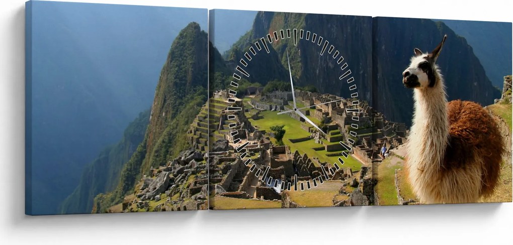 Obraz - Lama i Machu Picchu (z zegarem) (90x30 cm)