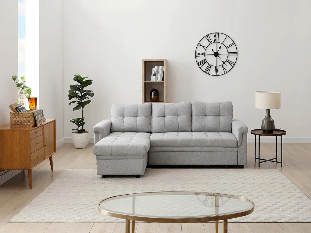 Kanapa narożna rozkładana dwustronna  z jasnoszarego materiału  DERAMOP