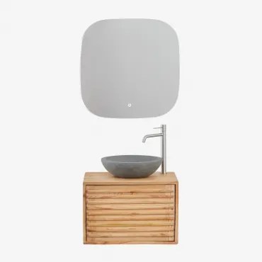 Zestaw Wiszących Mebli Łazienkowych Z Drewna Deleyna Naturalna & Okrągły Szary Cement Ø40 Cm Tarsis & Kwadratowa Lampa - Sklum