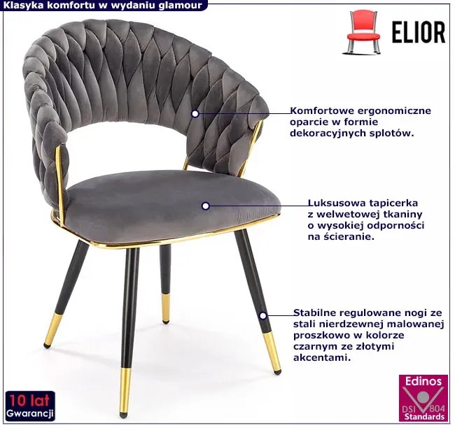 Krzesło welwetowe w stylu glamour popielaty + złoty - Mellifera