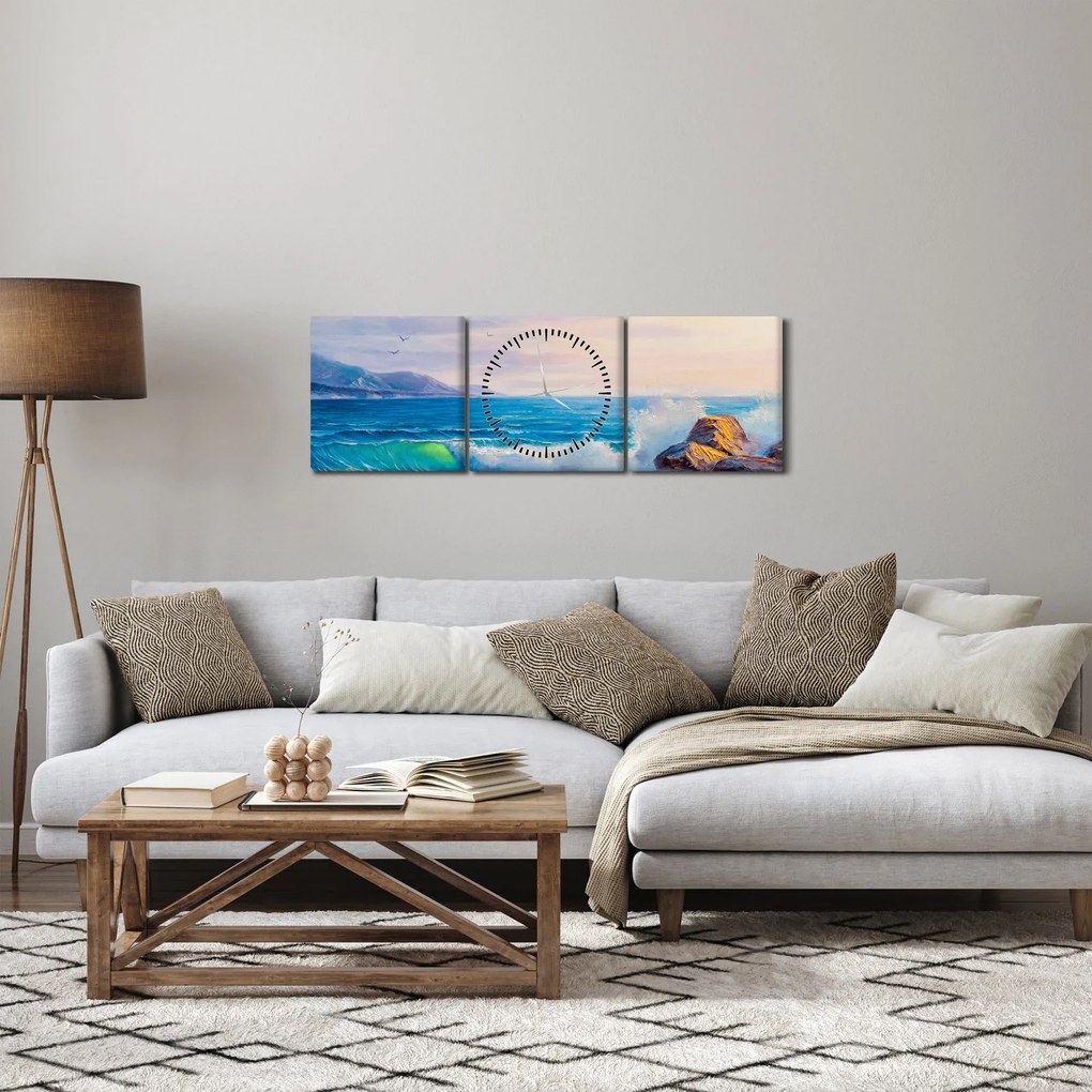 Obraz fal uderzających w klify, obraz olejny (z zegarem) (90x30 cm)