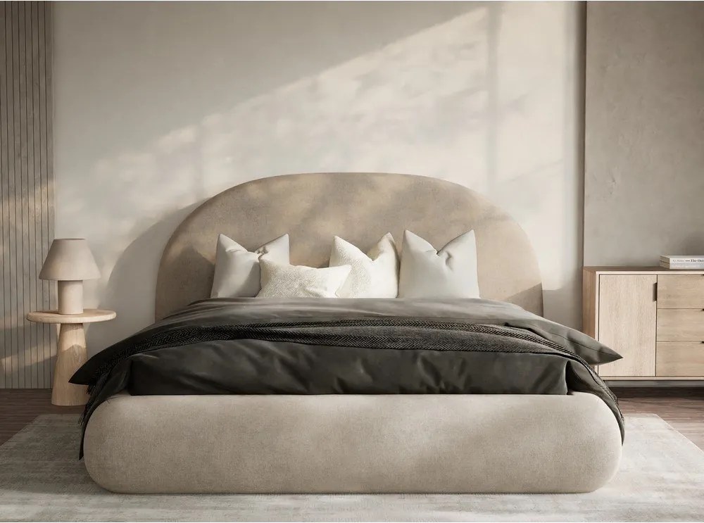 Beżowe tapicerowane łóżko dwuosobowe ze schowkiem i stelażem 160x200 cm Maumere – Maison de Rêve