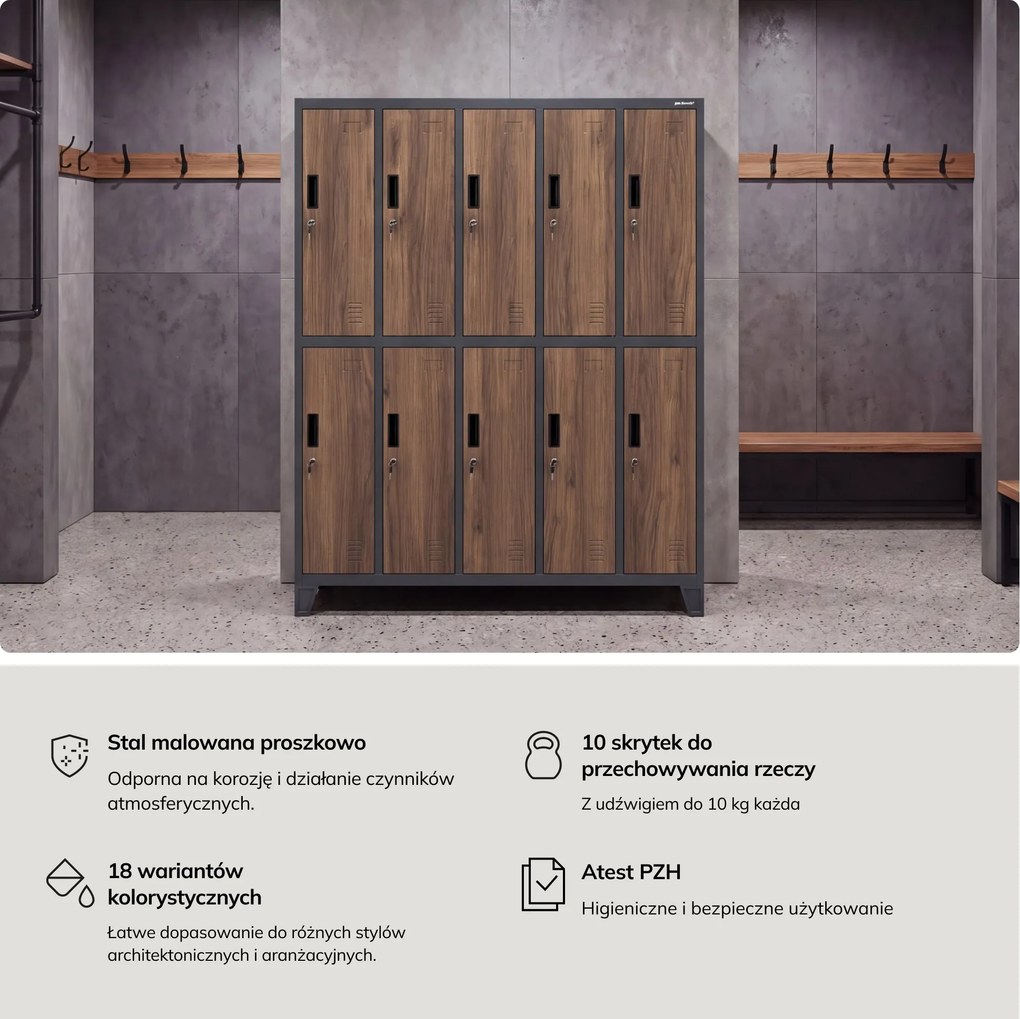 Szafa socjalna ubraniowa 10-drzwiowa antracytowa/orzech, 1360x1720x450 mm: BARTEK Eco Design