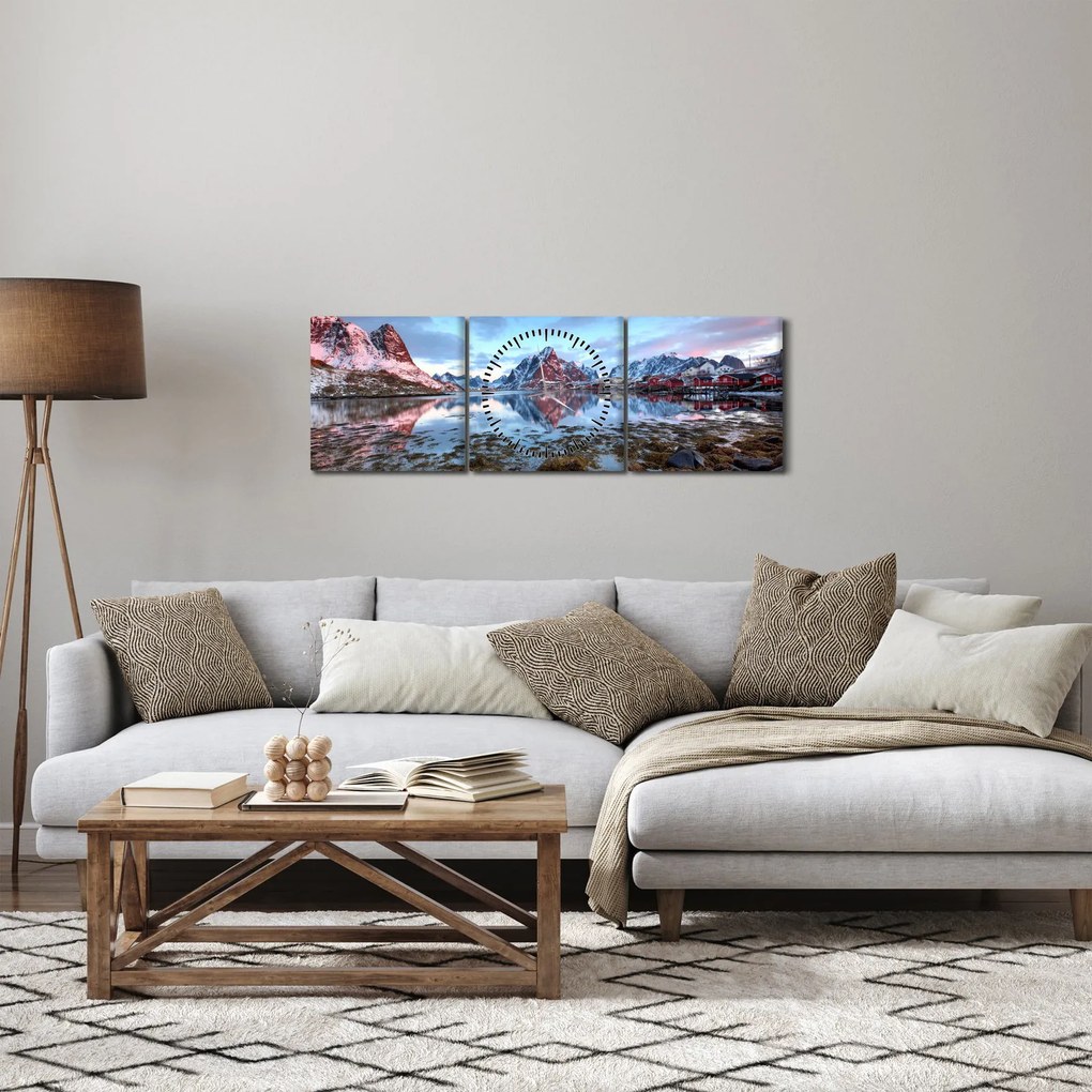 Obraz - Wschód słońca nad Reine (z zegarem) (90x30 cm)