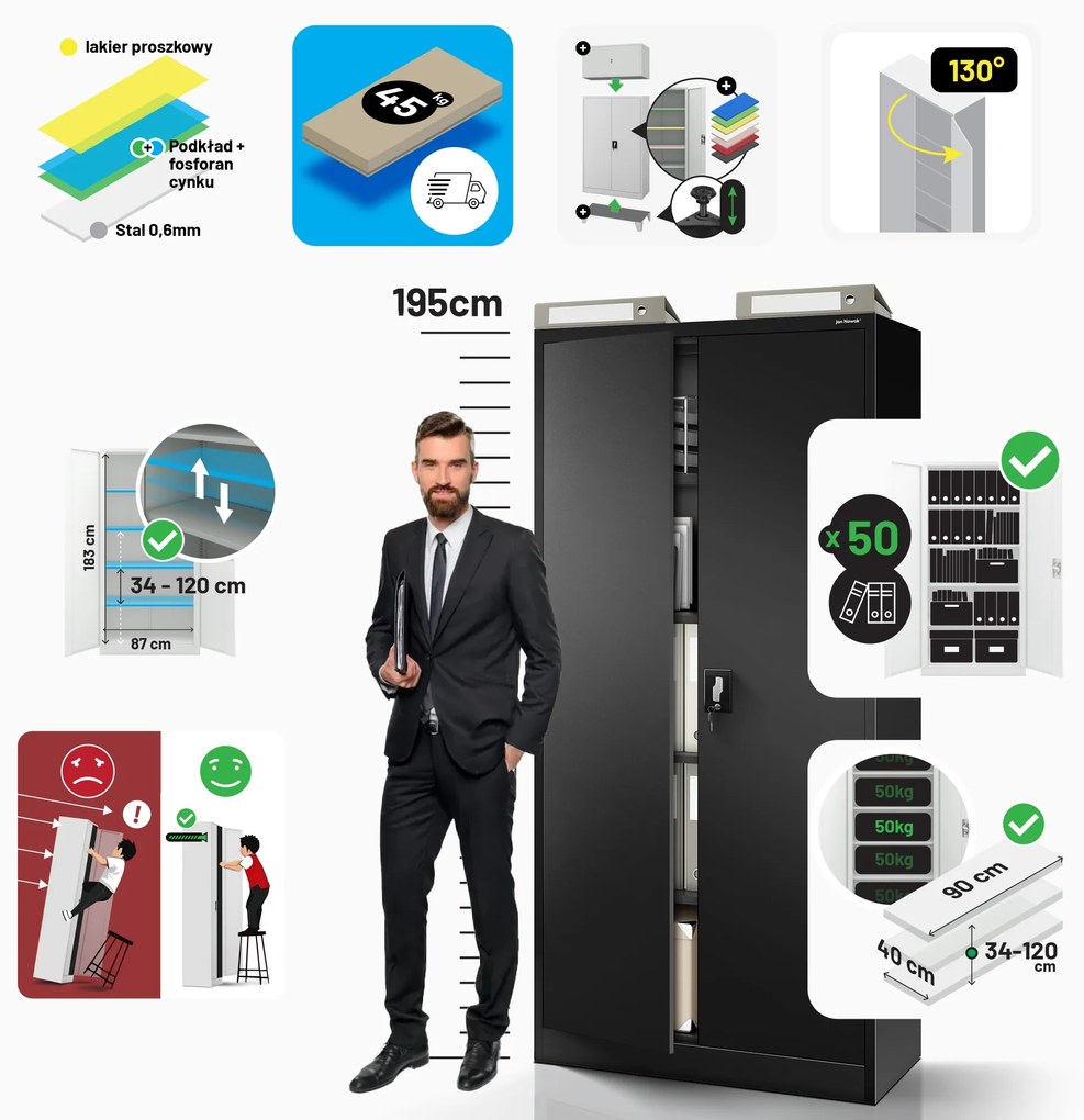 Szafa na dokumenty biurowa metalowa czarna: JAN H, 900 x 1950 x 400 mm