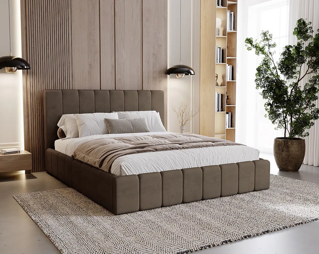 BESILIO Tapicerowane łóżko slim 120x200 Lexy - stelaż metalowy, pojemnik na pościel, slim łóżko, tkanina velurowa - Brązowy