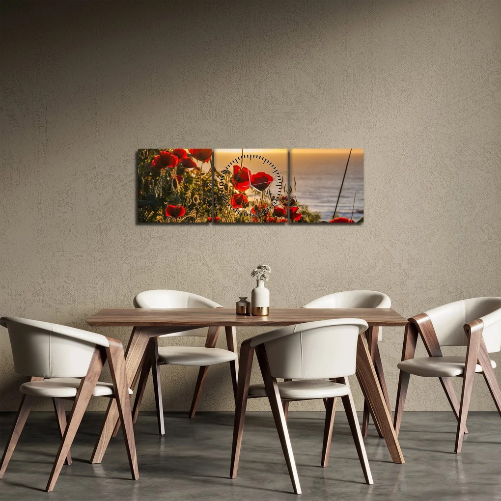 Obraz zachodu słońca z makami (z zegarem) (90x30 cm)