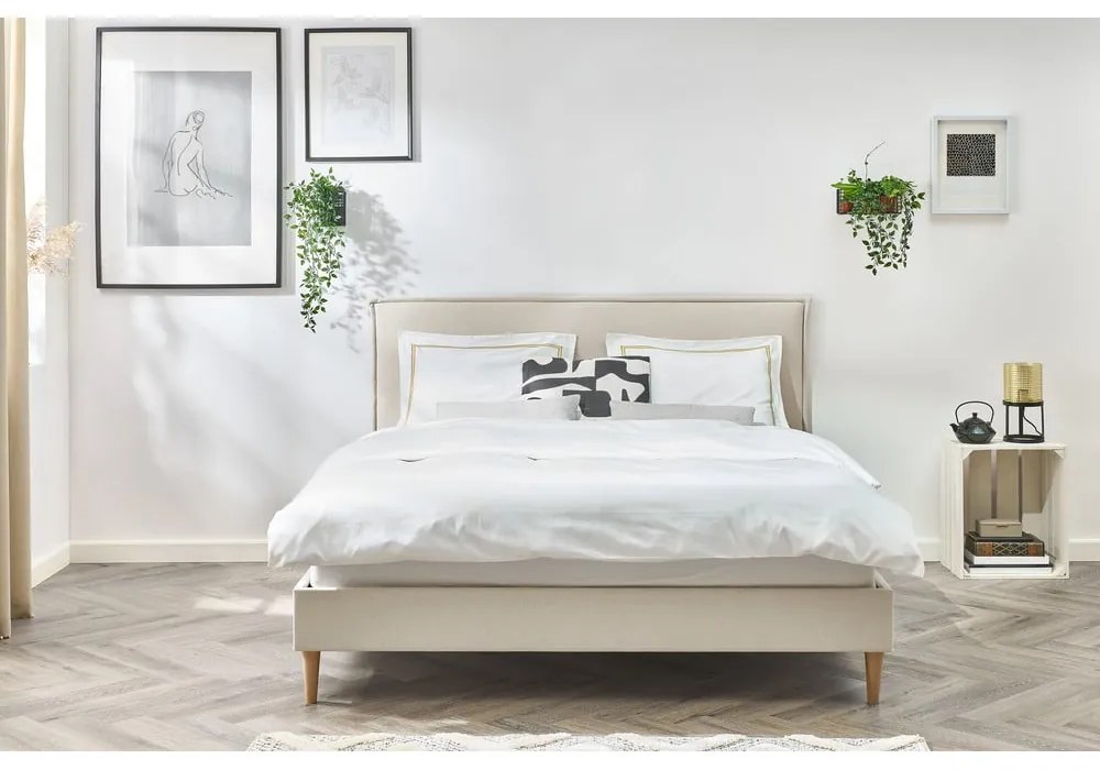 Beżowe tapicerowane łóżko dwuosobowe ze stelażem 160x200 cm Sary – Bobochic Paris