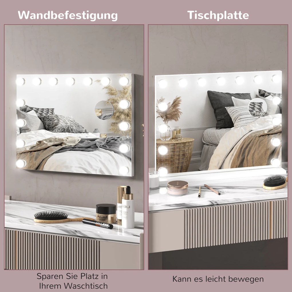 HOMCOM Kosmetyczne Lustro LED, 3 Tryby Światła, Ściemnialne, Sterowanie Dotykowe, USB, 58x48cm, Biały