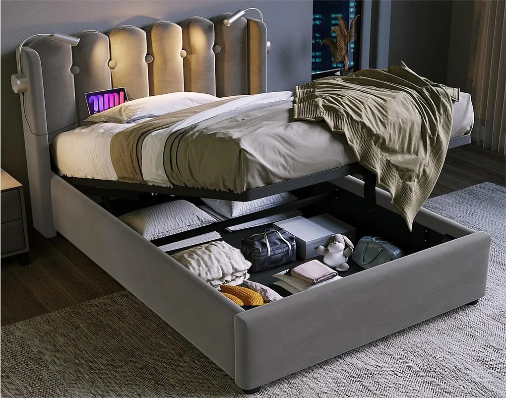 Łóżko tapicerowane z LED i portami USB - 90x200cm - tkanina welurowa - z stelażem na listwy - Szary