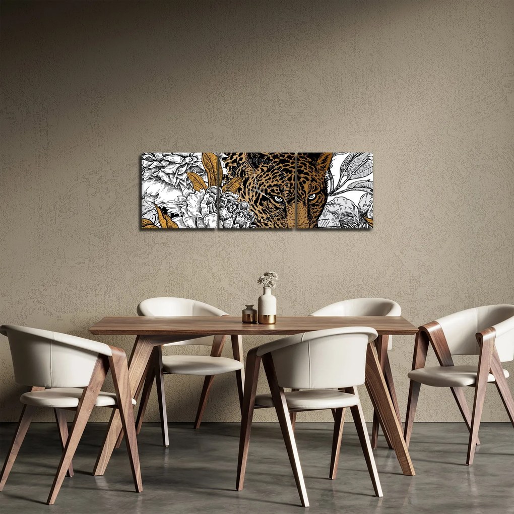 Obraz - Lampart pośród kwiatów (z zegarem) (90x30 cm)