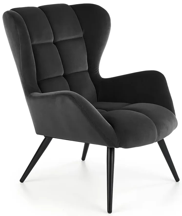 Tapicerowany czarny fotel uszak E9-R28