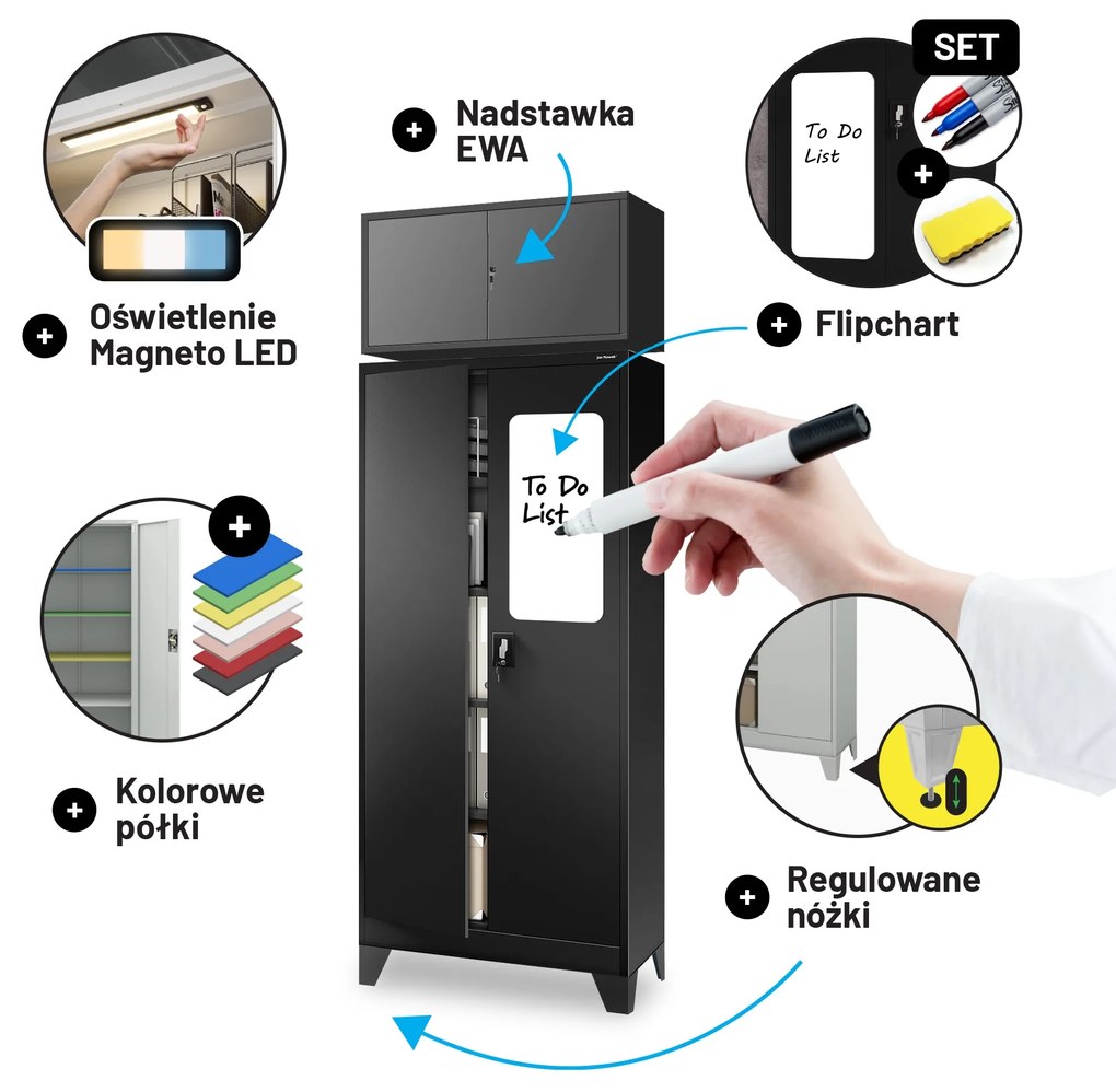 Biurowa szafa metalowa na akta JAN, 900 x 1850 x 400 mm, czarna