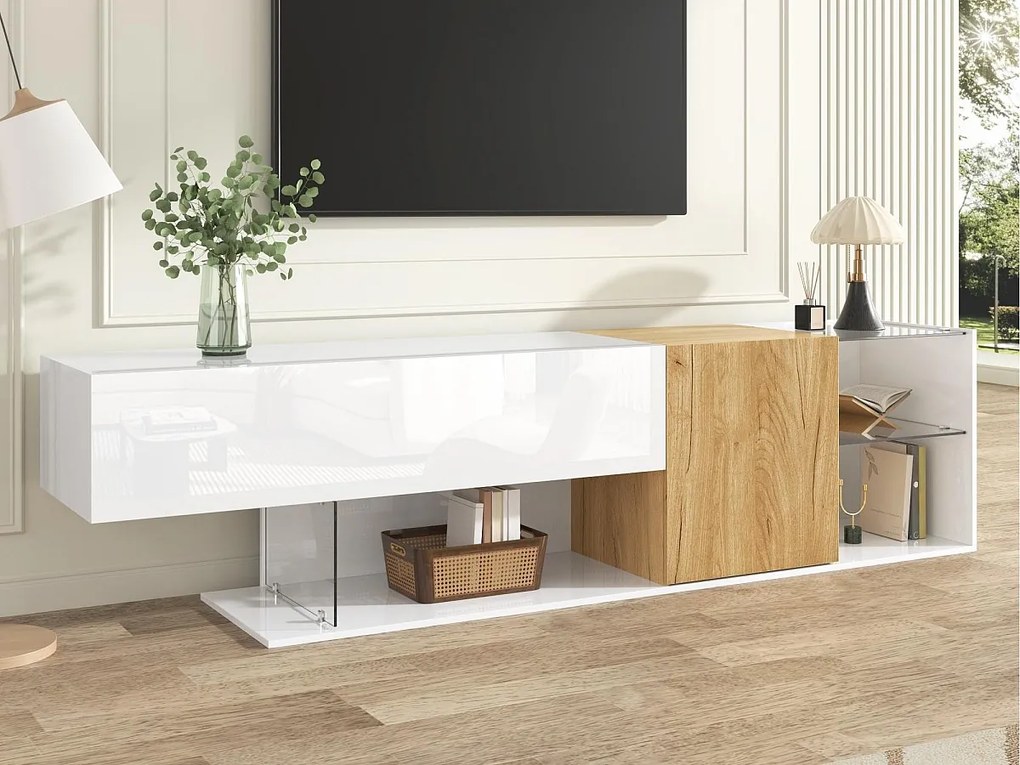 Błyszcząca szafa pod TV 180×38×48 cm - z 2 drzwiami - półki szklane - wykończenie drewnopodobne - płyta wiórowa - biały + naturalny