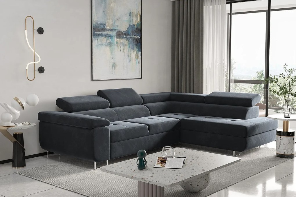 Narożnik z funkcją spania w kształcie L ATOM, tkanina Monolith, Antracytowy, Prawy