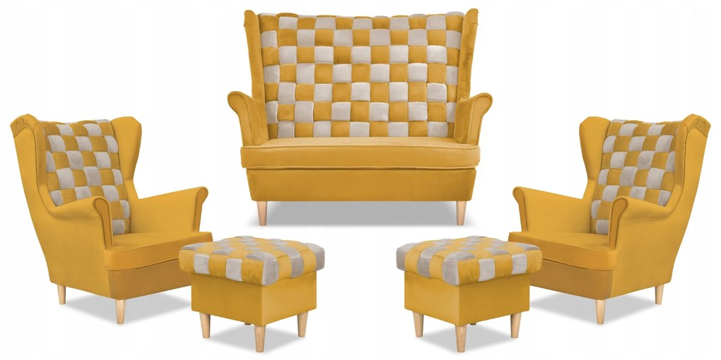 Zestaw uszak CAROL DUO sofa fotele pufy Family Meble żółty miodowo - szary